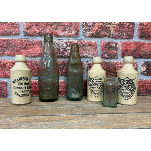 2493 - Collection of Nailsworth related ginger beer and glass bottles, largest 25cm (6)