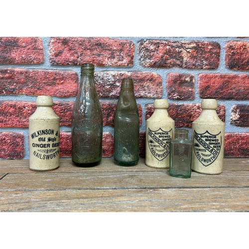 2493 - Collection of Nailsworth related ginger beer and glass bottles, largest 25cm (6)