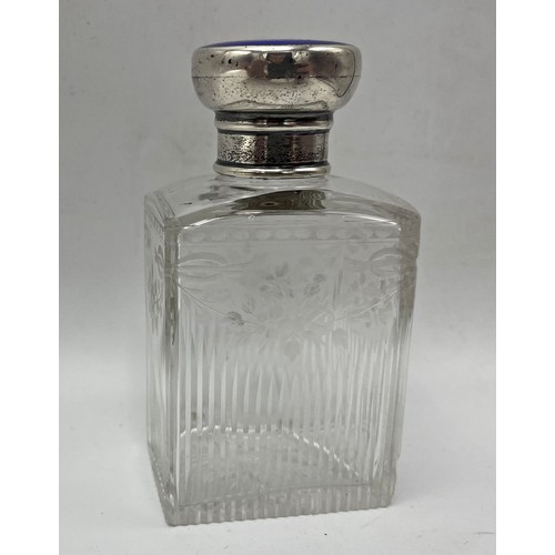 155 - Superior quality silver and enamel topped scent bottle, acid etched with floral garlands and with cu... 