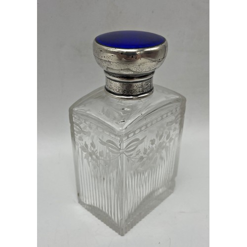 155 - Superior quality silver and enamel topped scent bottle, acid etched with floral garlands and with cu... 