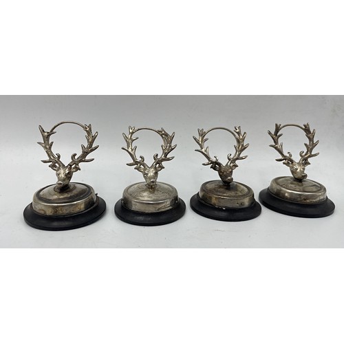 378 - Good set of four silver stag head menu / card holders or place settings, maker Adie & Lovekin Ltd, B... 