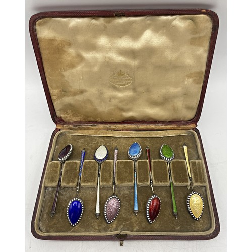157 - Case set of eight continental '830' silver and enamel teaspoons, in an old Goldsmiths and Silversmit... 