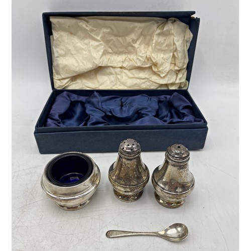 163 - Cased three piece silver cruet with original mustard spoon, maker C Ltd, Birmingham 1991, 3oz approx... 