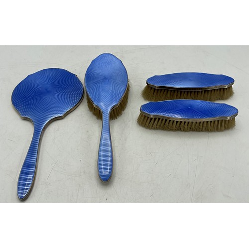 164 - 1920s four piece silver and guilloche enamel dressing set, three brushes and hand mirror, maker Albe... 