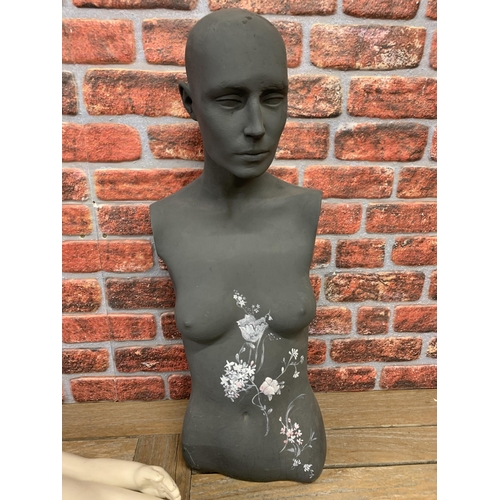 2304 - Vintage child's mannequin with additional female torso example having unusual hand painted floral fi... 