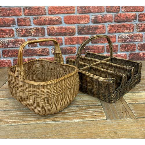 2339 - Vintage wicker wine carrier for 6 bottles with handle, and wicker picnic basket (2)