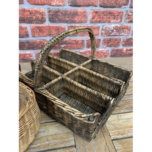 2339 - Vintage wicker wine carrier for 6 bottles with handle, and wicker picnic basket (2)