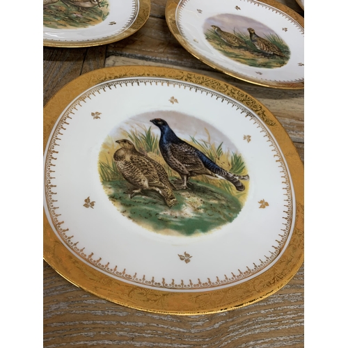 330 - Limoges hand painted game bird platter and plates with an impressive gold gilt scrolled floral borde... 