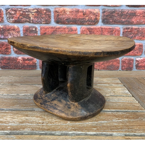 2141 - Vintage large African tribal hand carved wooden headrest/stool, W37cm x H20cm, x D32cm