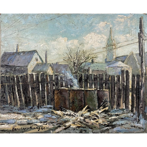 526 - Harvey Kruger (20th century, American) - 'Back Yard, Larimer St, Denver', signed, titled verso, oil ... 