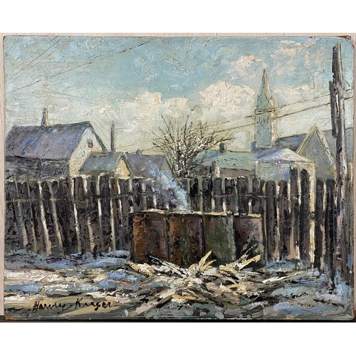 526 - Harvey Kruger (20th century, American) - 'Back Yard, Larimer St, Denver', signed, titled verso, oil ... 