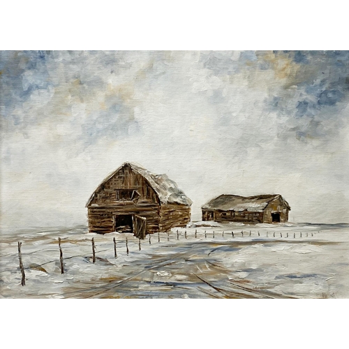 527 - 20th century American school - Two barns in a snowy landscape, indistinctly signed, oil on board, 35... 