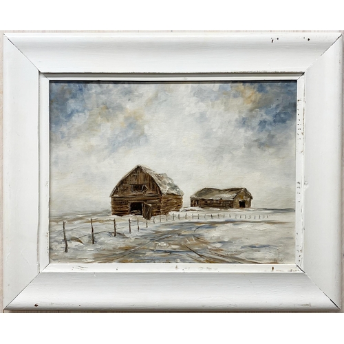 527 - 20th century American school - Two barns in a snowy landscape, indistinctly signed, oil on board, 35... 