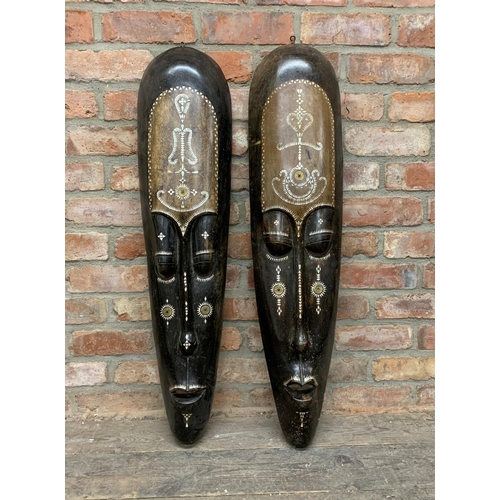 2114 - Two Large Tribal, Oceanic Lombok style Masks with Mother of Pearl inlay,  H100cm x W26cm (2)