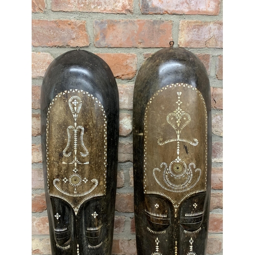 2114 - Two Large Tribal, Oceanic Lombok style Masks with Mother of Pearl inlay,  H100cm x W26cm (2)