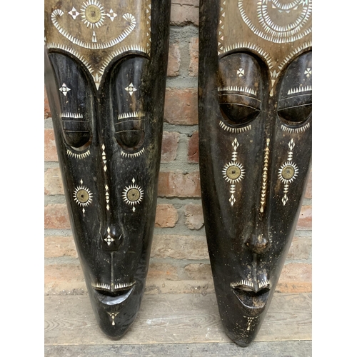 2114 - Two Large Tribal, Oceanic Lombok style Masks with Mother of Pearl inlay,  H100cm x W26cm (2)