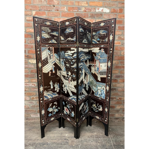 2094 - Early 20th century Chinese four fold twin sided screen, carved and painted with figures in an exteri... 