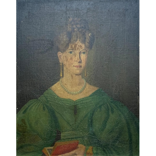 530 - 19th century school - Naïve bust portrait of a lady, oil on board, 70 x 55cm, framed