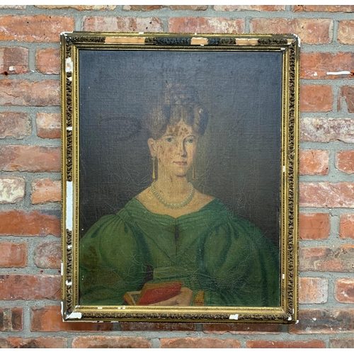 530 - 19th century school - Naïve bust portrait of a lady, oil on board, 70 x 55cm, framed