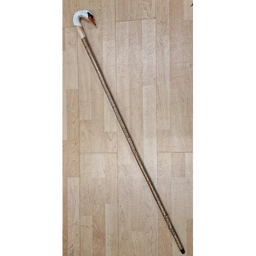 300 - Hand carved swan head crook handle walking stick, L 125cm