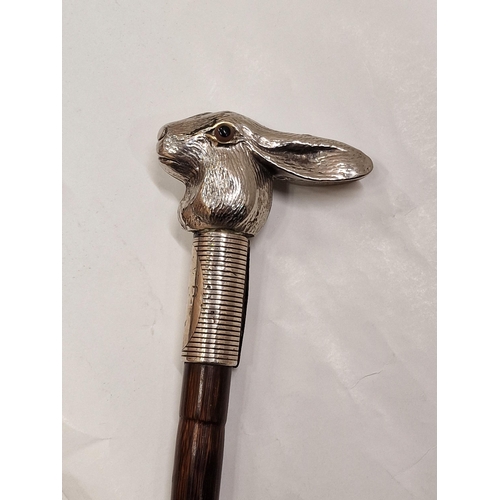 354 - Vintage chromed rabbit head and silver collared sword stick, having glass inset eyes and initialled ... 