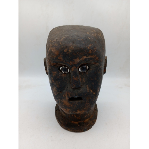 2158 - Vintage carved African maybe American mask with glass eyes H26cm W16cm