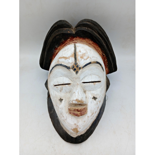 2123 - Vintage Puna Hand Carved Wooden Mask, white mask with nine dots on the forehead symbolizing the nine... 