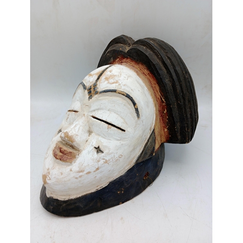 2123 - Vintage Puna Hand Carved Wooden Mask, white mask with nine dots on the forehead symbolizing the nine... 