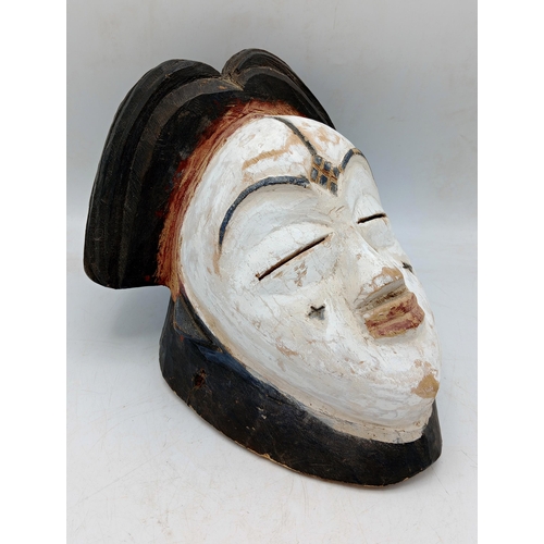 2123 - Vintage Puna Hand Carved Wooden Mask, white mask with nine dots on the forehead symbolizing the nine... 