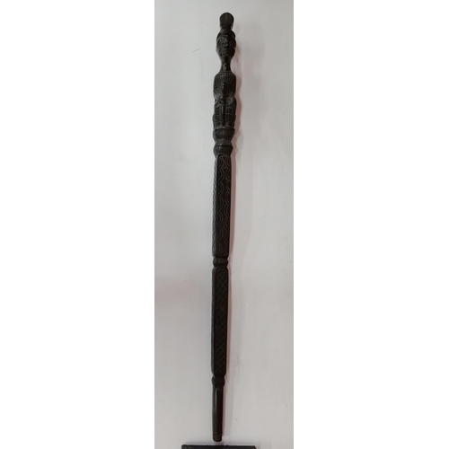 2129 - Vintage African Hand carved Ebony Staff the main trunk being square with a seated male figure at the... 