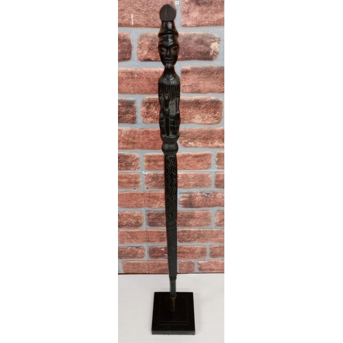 2129 - Vintage African Hand carved Ebony Staff the main trunk being square with a seated male figure at the... 