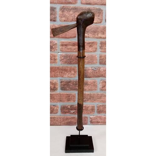 2134 - Vintage African Congo Hammer Axe, displayed on heavy black Metal stand, H70cm