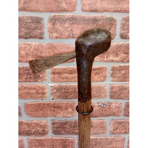 2134 - Vintage African Congo Hammer Axe, displayed on heavy black Metal stand, H70cm