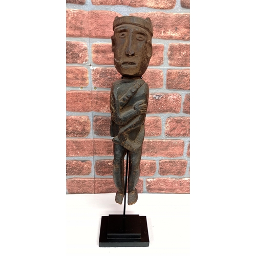 2138 - Vintage African Dan style hand carved wooden statue figure, displayed on heavy black Metal stand, H6... 