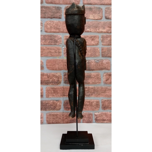 2138 - Vintage African Dan style hand carved wooden statue figure, displayed on heavy black Metal stand, H6... 