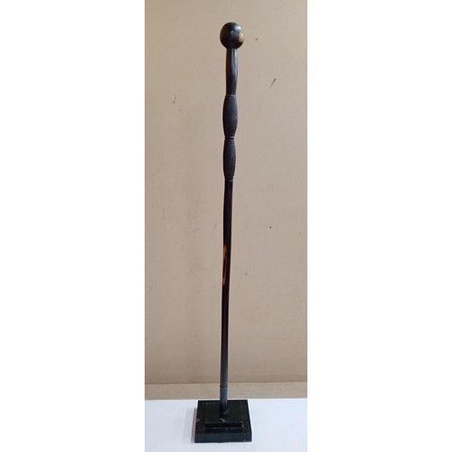 2131 - Vintage African Hand carved Ebony Knobkerrie staff stick, displayed on heavy black Metal stand, H105... 