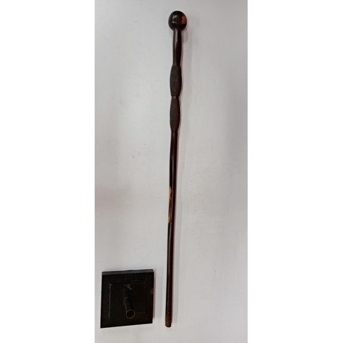 2131 - Vintage African Hand carved Ebony Knobkerrie staff stick, displayed on heavy black Metal stand, H105... 