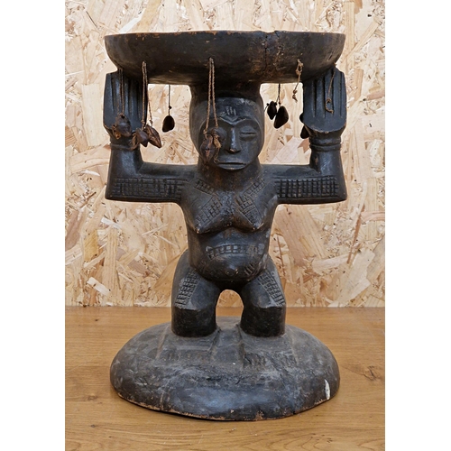 2119 - Vintage Caryatid Stool African Wooden Hand Carved, Luba Tribe, Congo H44cm