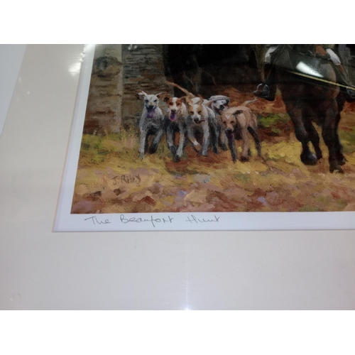 598 - Hunting interest, to include a signed print by Jane Riley of the Beaufort Hunt, a matching photograp... 