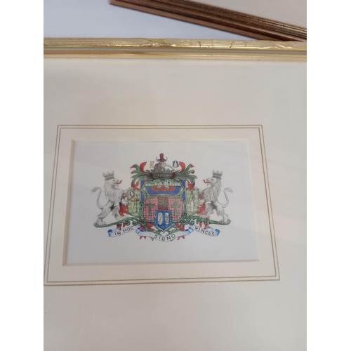 599 - Three prints to include a matching pair entitled 'A study in Heraldry' and a print of a 1671 map of ... 