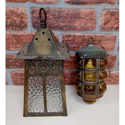 2393 - 1920/30s Copper and brown glass ships lantern, H26cm and another arts and crafts type lantern H35cm