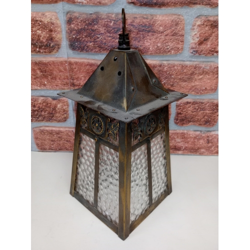 2393 - 1920/30s Copper and brown glass ships lantern, H26cm and another arts and crafts type lantern H35cm