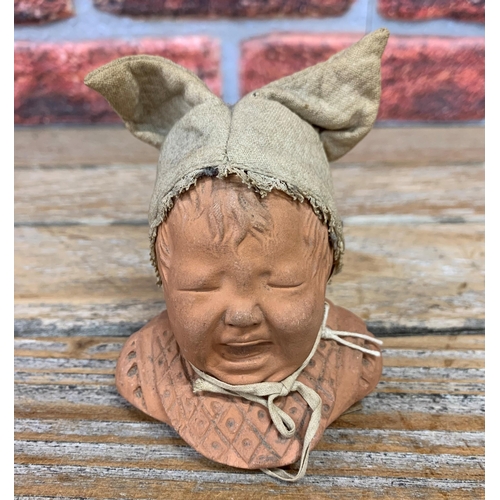 2080 - Rare Georges Dreyfus Terracotta Childs Head Crying bust Pin Cushion late 19th Century