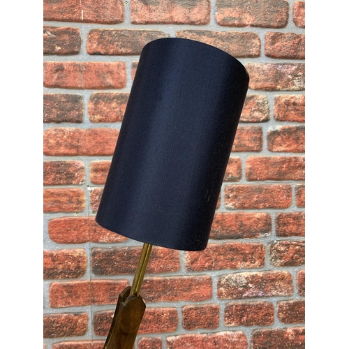 321 - Wooden gun butt converted table lamp with blue canvas shade, H 70cm