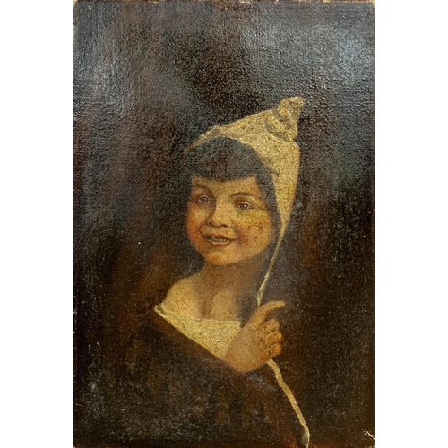 579 - 19th century school - naïve bust portrait of a girl in a bonnet, unsigned, oil on canvas, 23 x 15cm,... 