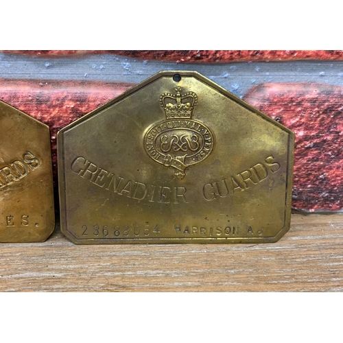 216 - Two antique brass Grenadier Guards bed plates, for A J Harrisson 23688054, by J R Gaunt of London, t... 