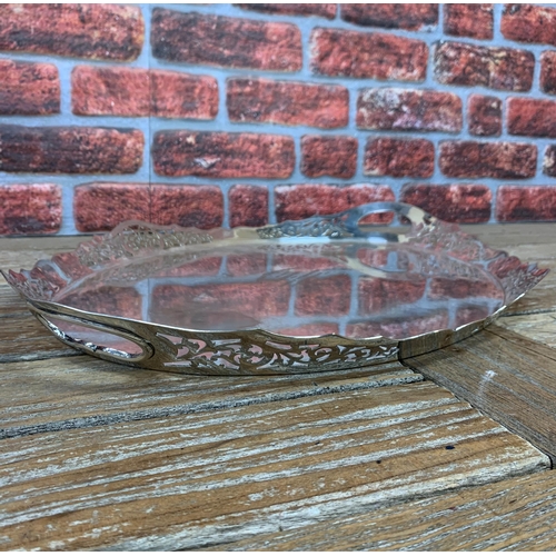 199 - Large silver plated gallery tray with pierced border and central inscription, 'Lieutenant E.G Stonem... 