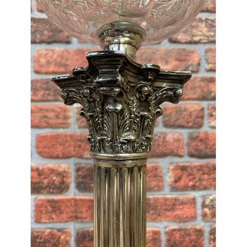 2394 - Table lamp formed from a Victorian Silver plated oil lamp of Corinthian column form, on a squared st... 