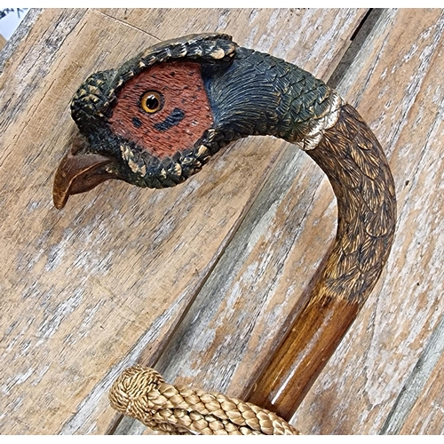 390 - Antique Brigg & Sons, London, umbrella with carved handle in the shape of a pheasant L92cm