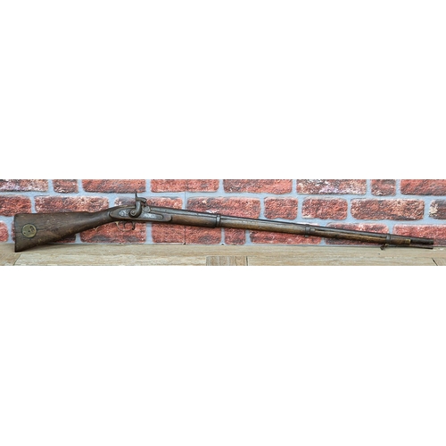 2469 - An Indian muzzle loading rifle, built to copy an Enfield, with blued steel barrel, blued barrel band... 